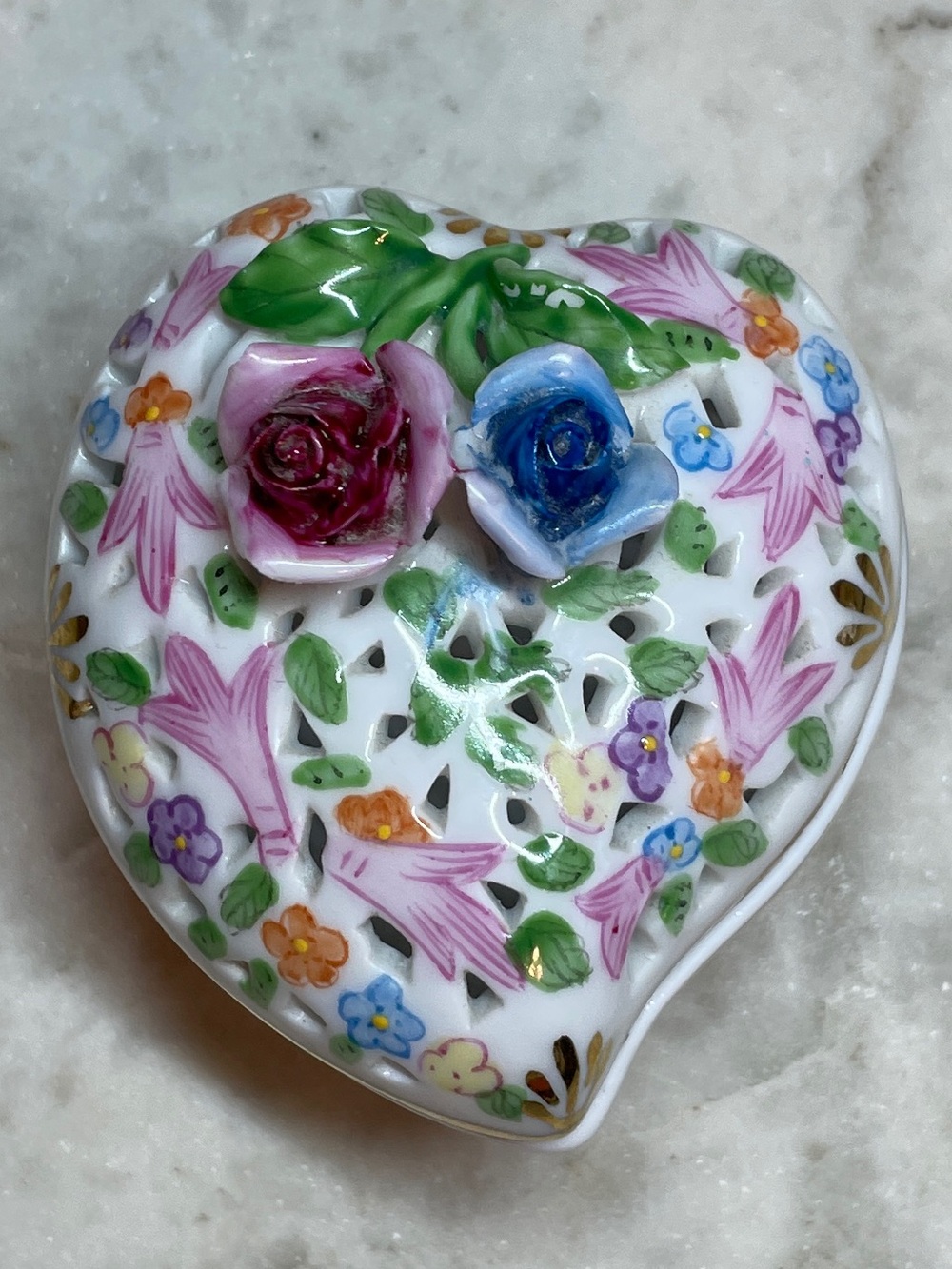 Vintage Royal Danube Floral Heart Trinket Dish - #1886 Handpainted